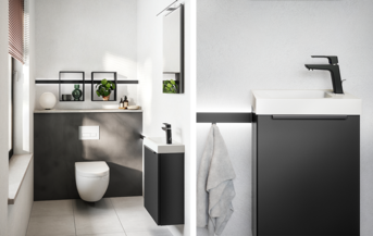 Modernes minimalistisches Badezimmer mit weißen Armaturen, schwarzen Schränken, schwebenden Regalen mit Pflanzen und klaren Linien, die eine elegante und ruhige Ästhetik schaffen.