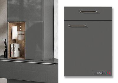 Moderner, eleganter Badezimmerschrank in Grau, der ein minimalistisches Design mit klaren Linien und metallischen Griffdetails für einen zeitgenössischen Look präsentiert.