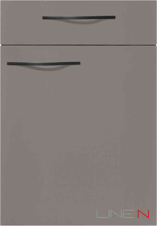 Ein schlankes, modernes Küchenschubladendesign in Grau mit dezenten, geschwungenen Griffen, das das minimalistische Logo "LINE N" in der Ecke zeigt.